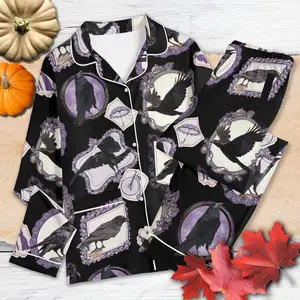 Women’s Gothic Satin Pajama Set, All-Over Purple Print, Long Sleeve Button Top & Pants, Dark Cozy Sleepwear