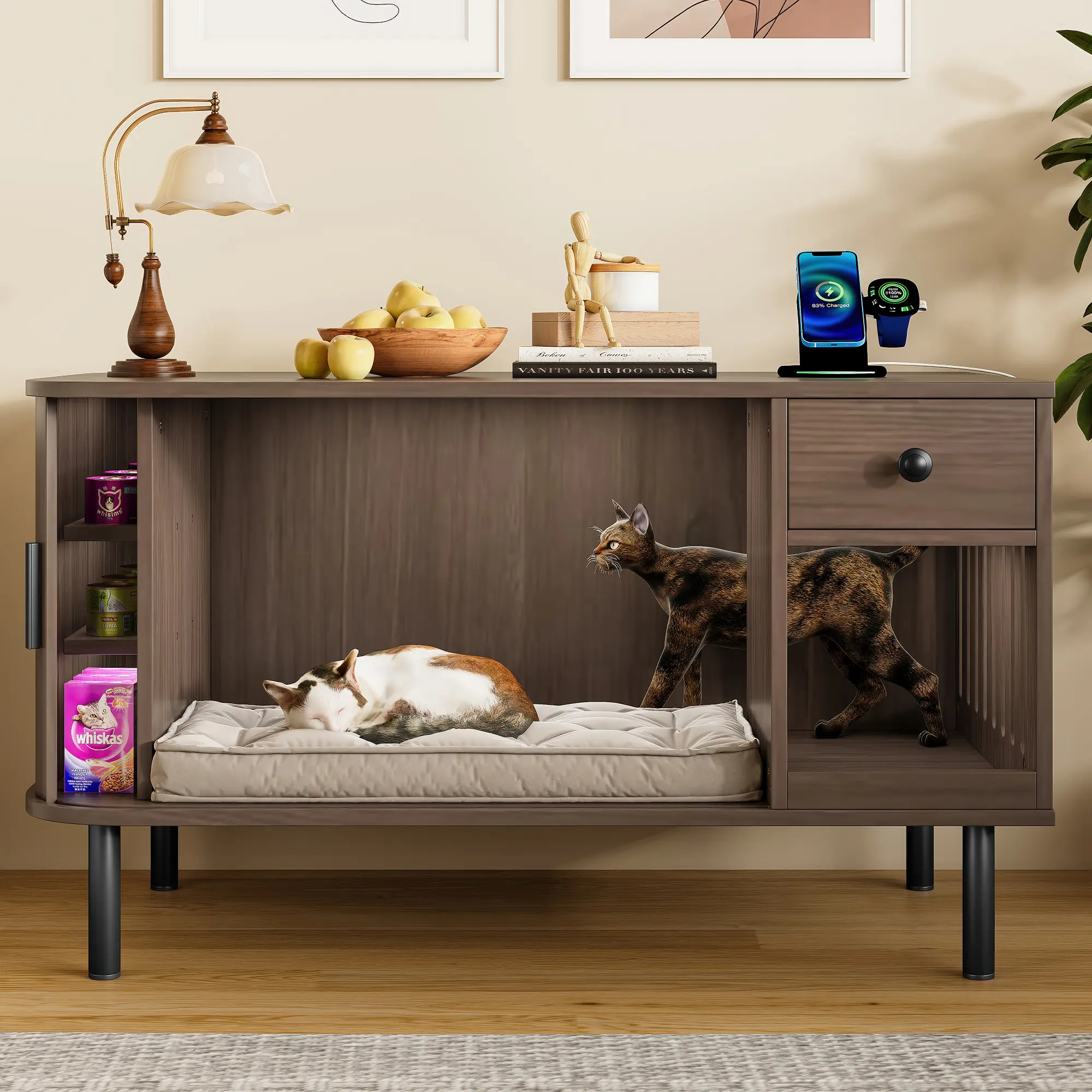 37.4" Walnut Engineered MDF Enclosed Litter Box Furniture - Trackless Sliding Door, Storage Drawer, Charging Station, Wide Tabletop, Side Shelves, Nightstand, Side Table for Indoor Cats' Private Litter Tray Space, Tv Stand