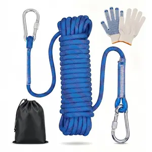Outdoor Climbing Rope with 2 Steel Hooks, 10M(33ft) 20M(66ft) 30M(98ft), High Strength Accessory Cord Rope, for Outdoor Rescue Rappelling Rope Down Cliffs ledges Safety Escape Tow Strap Equipment, Blue