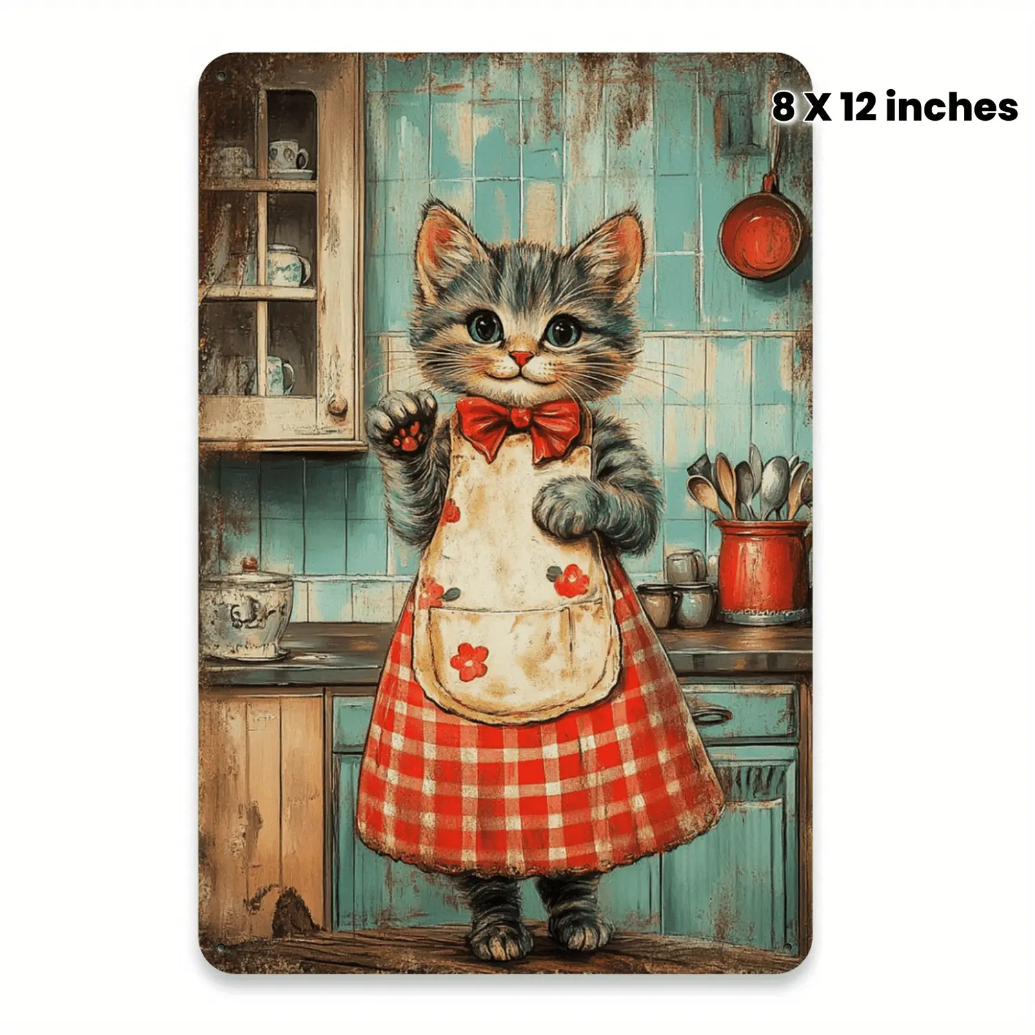 1pc Vintage Kitchen Cat Metal Tin Sign - Rustic Iron Wall Art Decor, 8x12 Inches, Ideal for Restaurants, Kitchens, Cafes