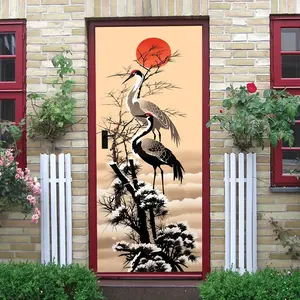 2 Chinese Style Crane and Pine Tree Wall Stickers New Chinese Art Decal with Red Sun for Living Room Bedroom Study