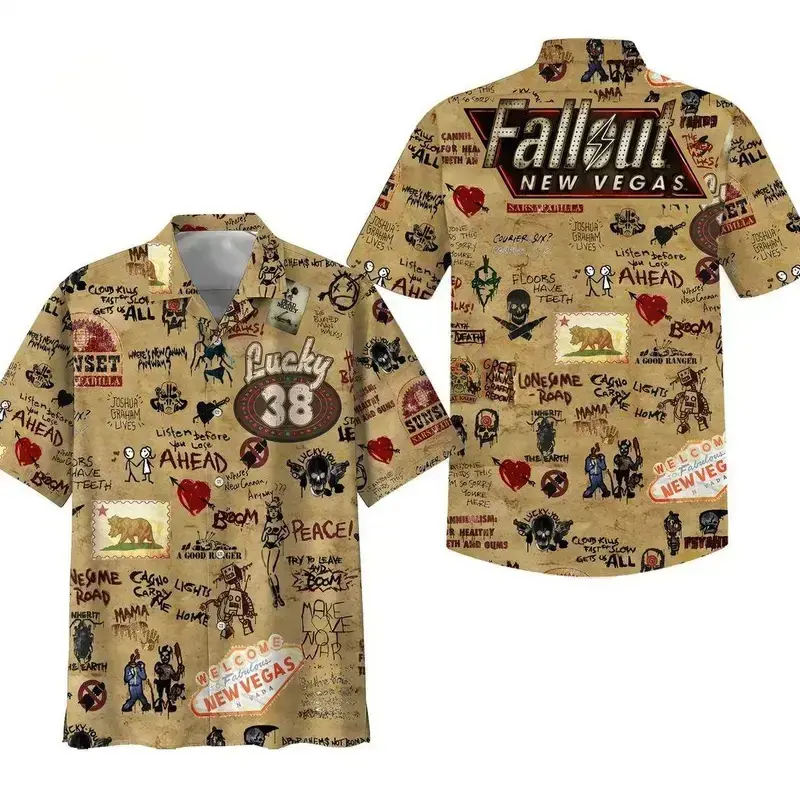 Fallout New Vegas Hawaiian Shirt – Lucky 38 Vintage Wasteland All Over Print Button-Down, Gamer Retro Aloha Tee for Men Women, Summer Gaming Gift