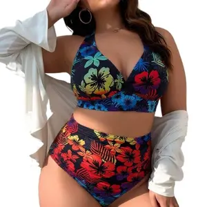 2026 new large-size colorful hibiscus flower print two-piece swimsuit, halter neck design with push-up effect, European-style high-waisted tummy control swimwear