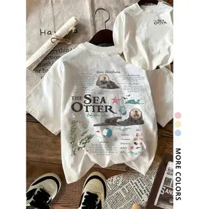 Women's sea otter and letter print round neck T-shirt, vintage fashion casual knitted short-sleeve T-shirt, suitable for daily wear, women's summer clothing, women's apparel