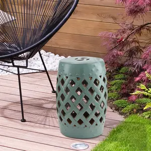 13" x 18" Antique Blue Ceramic Garden Stool - Woven Lattice Design, Glazed Strong Materials, Decorative Outdoor Furniture Stool