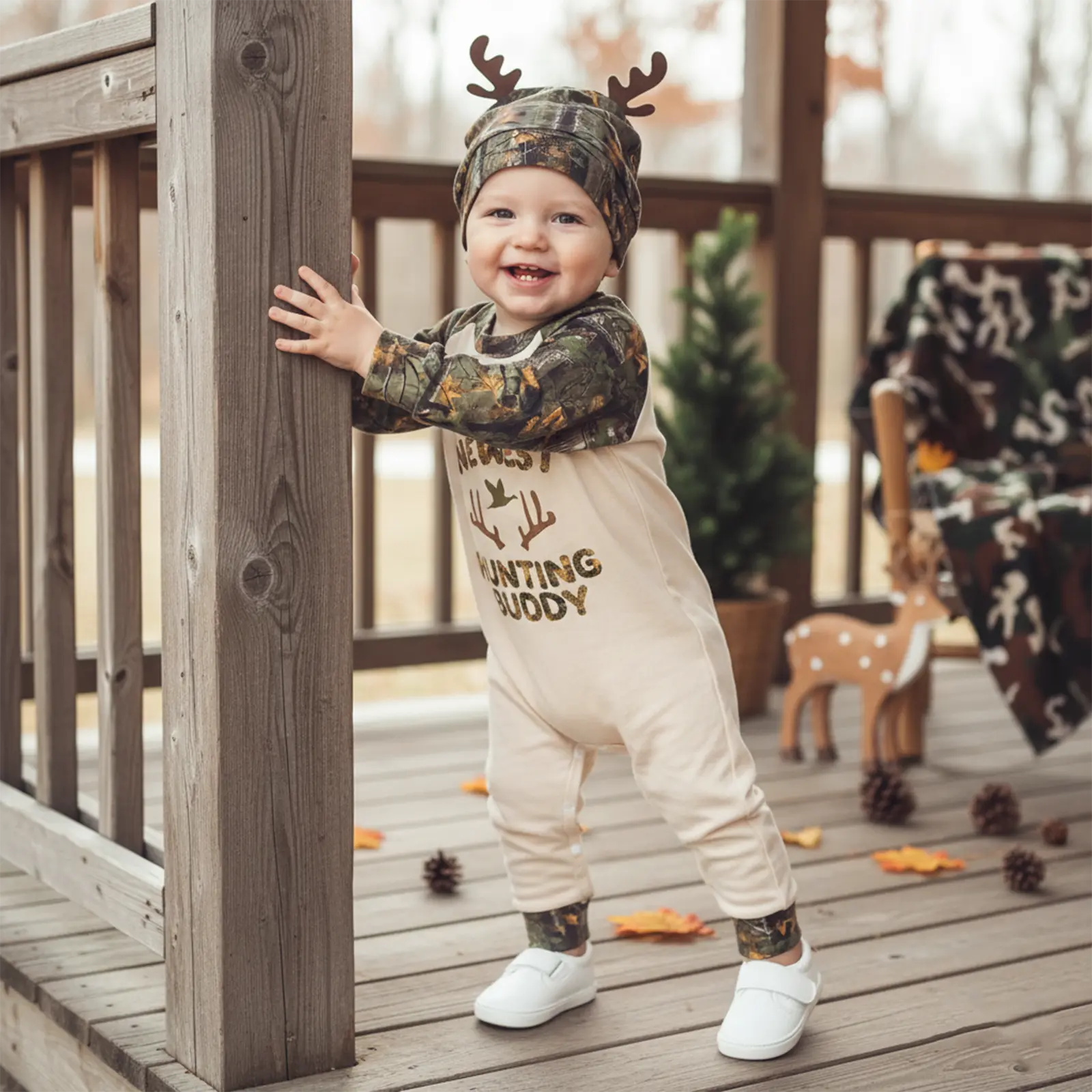 Baby Boy Clothes 2-Piece Spring-Fall Gift Set - Long-Sleeve Animal, Letter, Leaf Branch Romper & Antler Hat (Baby & Maternity), Letter Print Bodysuit, Two Piece Set