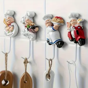 4pcs Chef Doll Wall Decoration Hook; Fat Chef Kitchen Decoration; Resin Wall Hook; Resin Sticky Hook; Kitchenware Wall Hanging Rack Hook for Home, Garden, Garage Organization Tool Hook, Utility Hooks