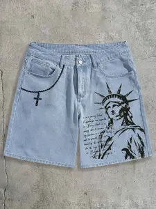Unisex Light Blue Distressed Fitted Denim Shorts with Statue of Liberty & Cross Chain Graphic, Vintage Aesthetic Style for Summer Street & Daily Wear