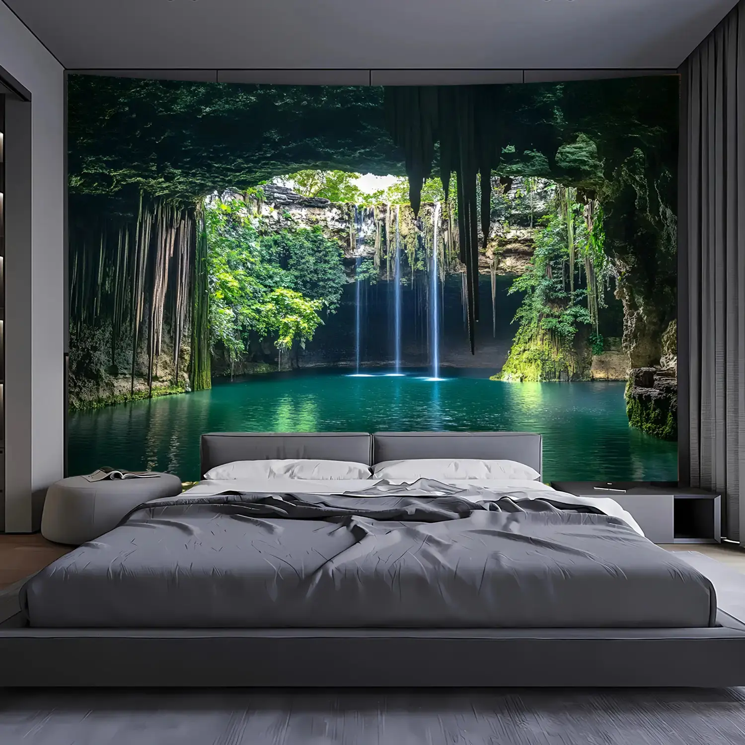 Large Horizontal Magic Forest Tapestry Wall Hanging - 100% Polyester Turquoise & Emerald Green Waterfall, Lush Greenery Self-Adhesive Hangable Mural with Mounting Accessories, Back to Nature Tapestries with Plants for Bedroom Green Wall Decor & Room Art
