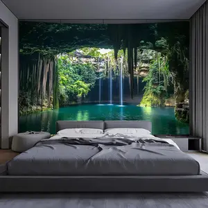 Large Horizontal Nature Scenery Landscape Tapestry Wall Hanging - 100% Polyester Turquoise Blue & Emerald Green Waterfall & Lush Greenery Wall Mural, Self-Adhesive with Mounting Accessories Included for Bedroom, Living Room, Office Decor - Tranquil Durabl