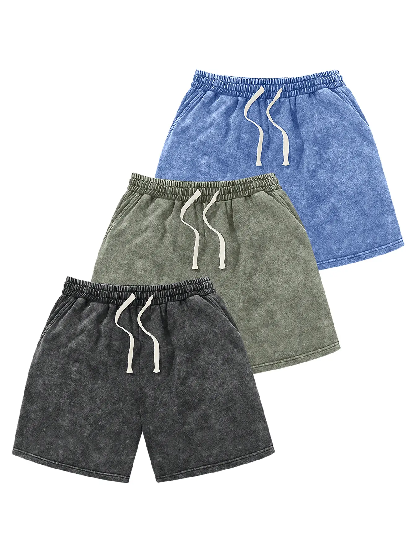 Men's Summer Cotton Acid Washed Distressed Loose-Fit Drawstring Athletic Shorts - Elastic Waist, Pockets, Sporty Style for Vacation, Gym, Gift for Boyfriend/Husband Menswear Bottoms Casual Fabric Vintage Fashion Basic Breathable Classic