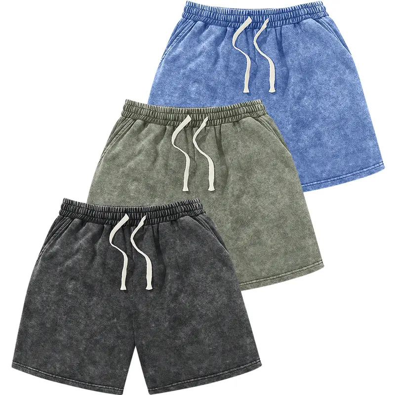 Men's Summer Cotton Acid Washed Distressed Loose-Fit Drawstring Athletic Shorts - Elastic Waist, Pockets, Sporty Style for Vacation, Gym, Gift for Boyfriend/Husband Menswear Bottoms Casual Fabric Vintage Fashion Basic Breathable Classic