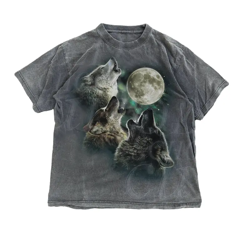 Men's Distressed Vintage 90s Cotton Casual Oversize Crew Neck Short Sleeve Street Fit Graphic T-Shirt - Howling Wolves, Wolf Moon, Wild Free Loyal, Cute, Machine Washable All-Season Streetwear Top