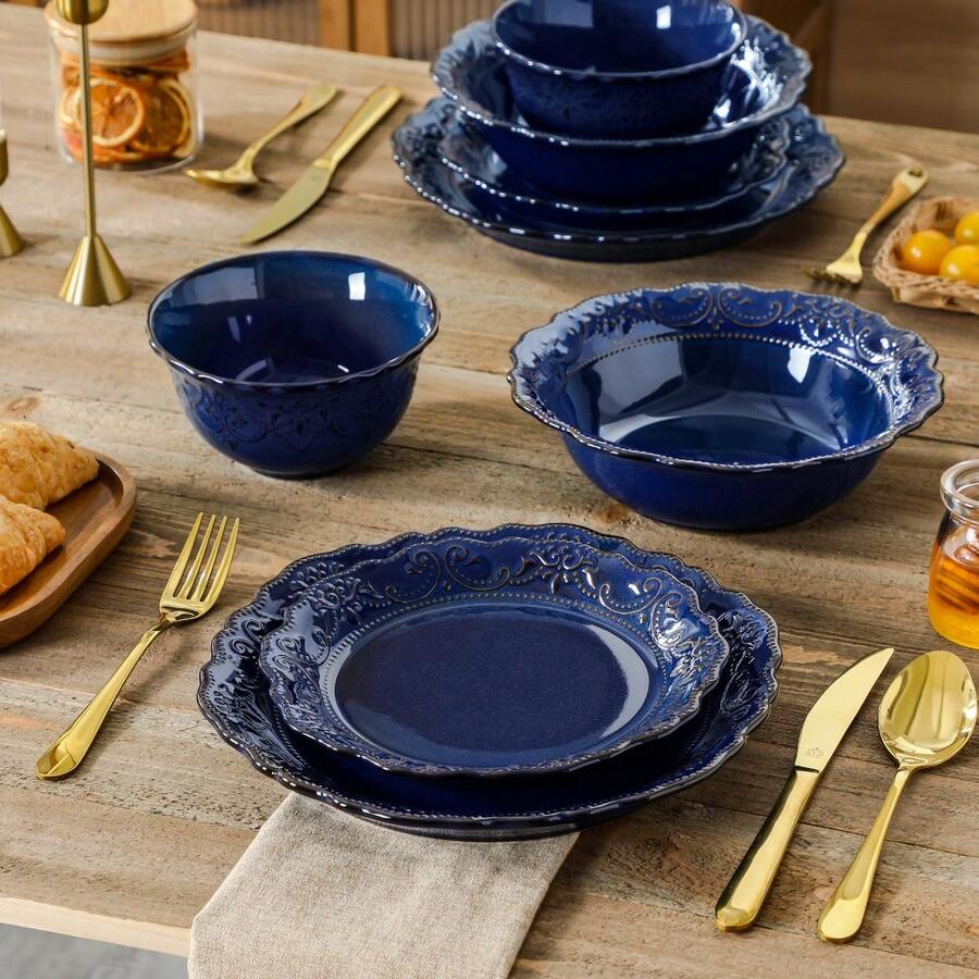16 Piece Ceramic Dinnerware Sets, Kitchen Dinnerware, Blue Dinnerware With Bas-Relief Around The Edge, For 4 People, Dinner Plate, Dessert Plate, Bowl And Soup Plate