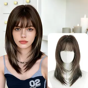 Lotfon Ladies' non adhesive synthetic wig, Brown with white highlights medium to long straight hair, adjustable head circumference, lightweight and breathable, natural and realistic, easy to wear, suitable for daily wear and role-playing