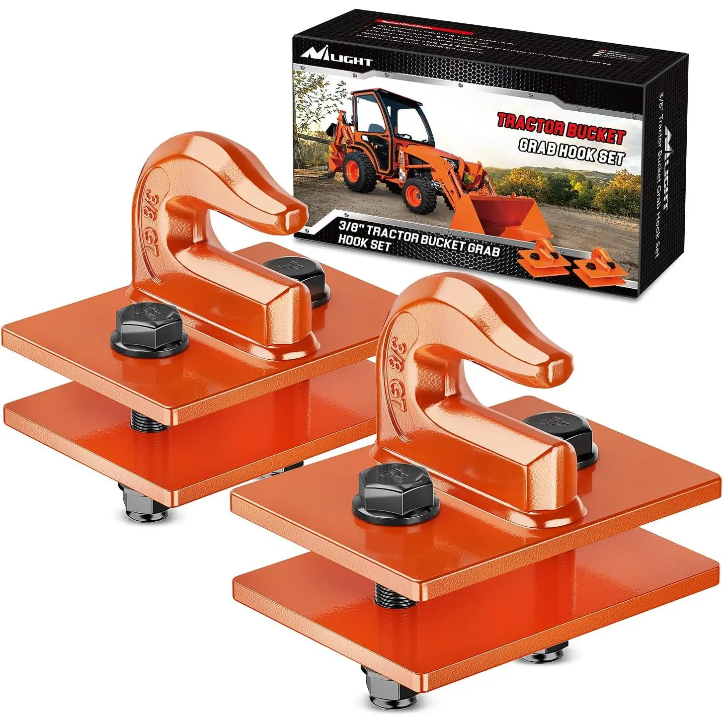 Nilight 2PCS 3/8'' Grab Hooks Tractor Attachment, 6.5mm Rustproof Zinc-Coated Solid Metal Tow Hooks, Heavy-Duty Drop-Forged Steel Bolt-On Set, 15,000 LBS Max Load Orange Grabbing Accessory for Lawn Mowers, Agricultural Vehicles