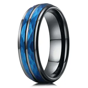 Blue Hammered Black Tungsten Carbide Band