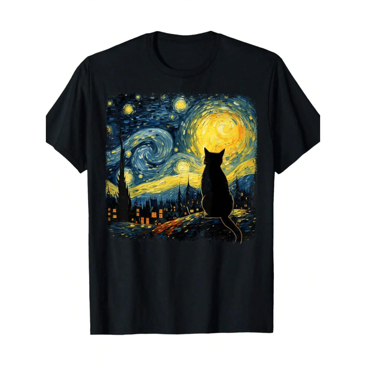 Menswear Short-Sleeve Crewneck Round Neck Casual Cotton T-Shirt, Van Gogh Starry Night Cat Design, For Cat Lovers, 2025 Couple & Family Clothing