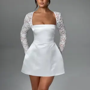 Sexy Low Cut High Waist Lace Sleeve Patchwork Elegant Long Sleeve Dress
