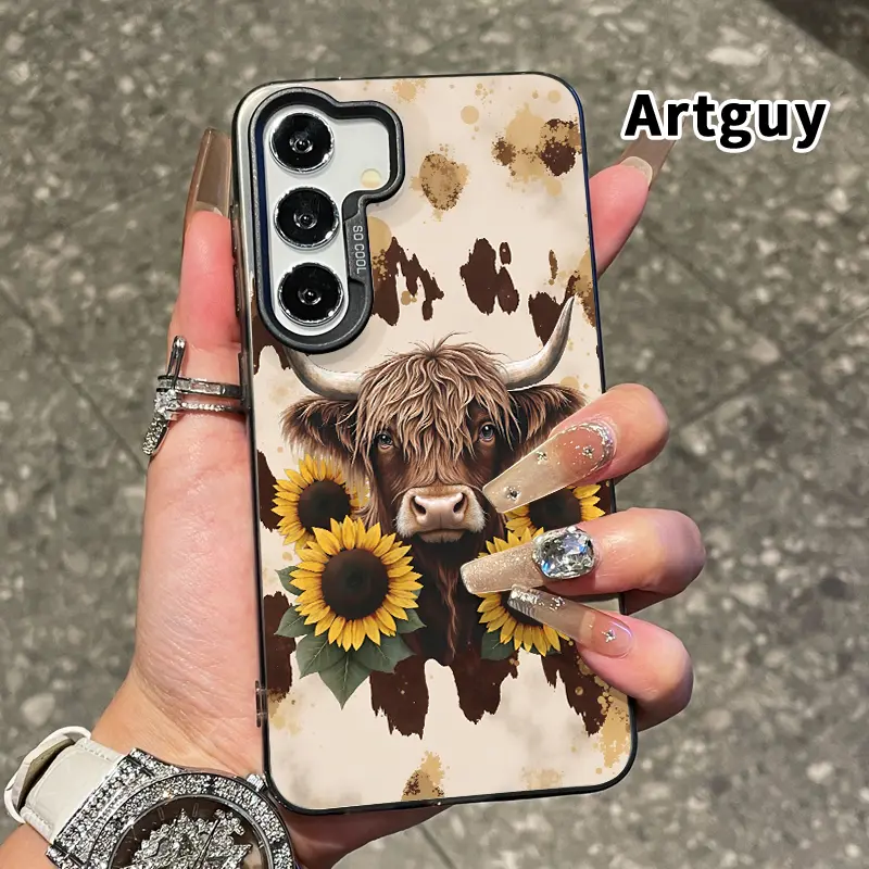 Magnetic Phone Case Shell - Durable Protection Casing for Samsung Galaxy S22+ S23 Ultra S24 Plus S25 Edge S26 FE, Bull & Sunflowers Printed, Transparent Acrylic Back, TPU Edges, Non-Yellowing Mobile Accessory, Smartphone, Handheld