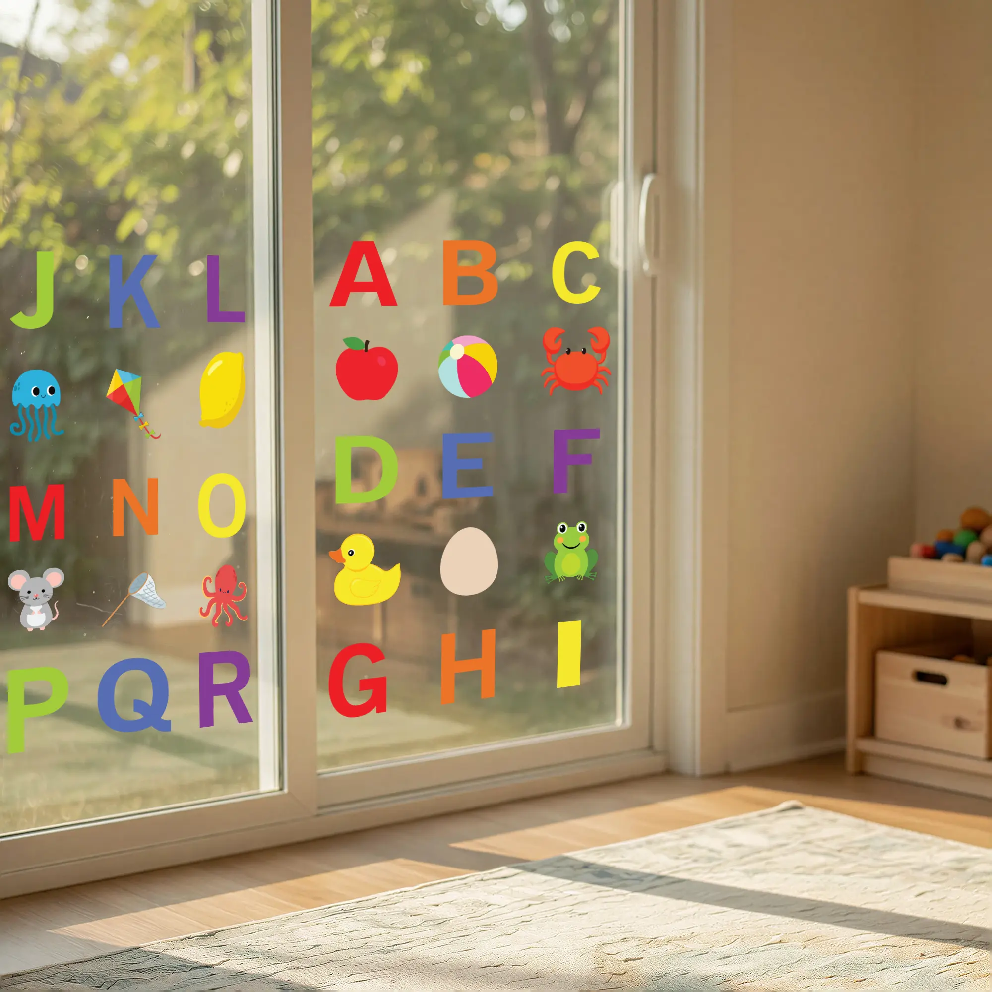 ABC Alphabet Window Clings — 52 Piece Letter & Picture Set | Reusable Static Clings, Made in USA