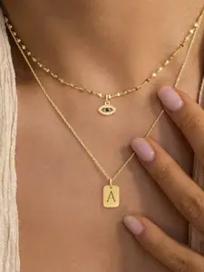 2 Piece Set Rectangular Initial Eye Pendant Women's Necklace, Classic Stainless Steel Layered Necklace, Casual Style for All Seasons