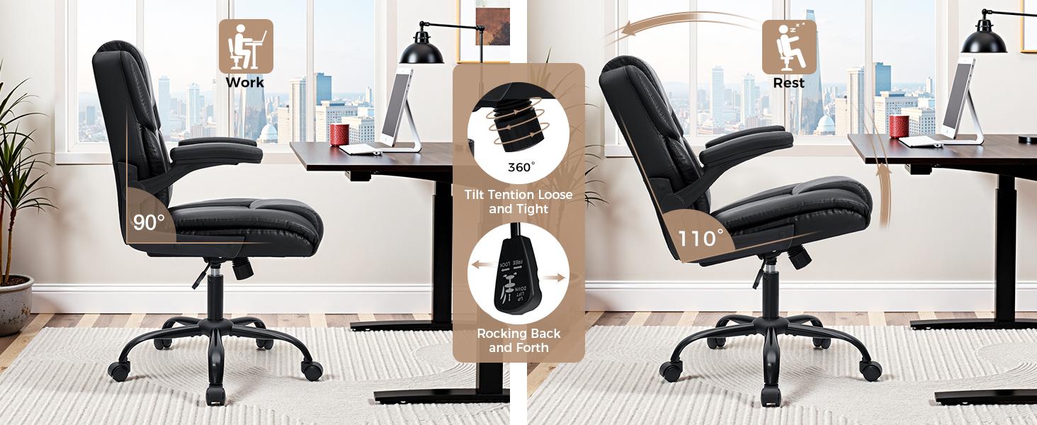 HOFFREE Leather Office Chair Home Computer Desk Chairs with Flip-up ...