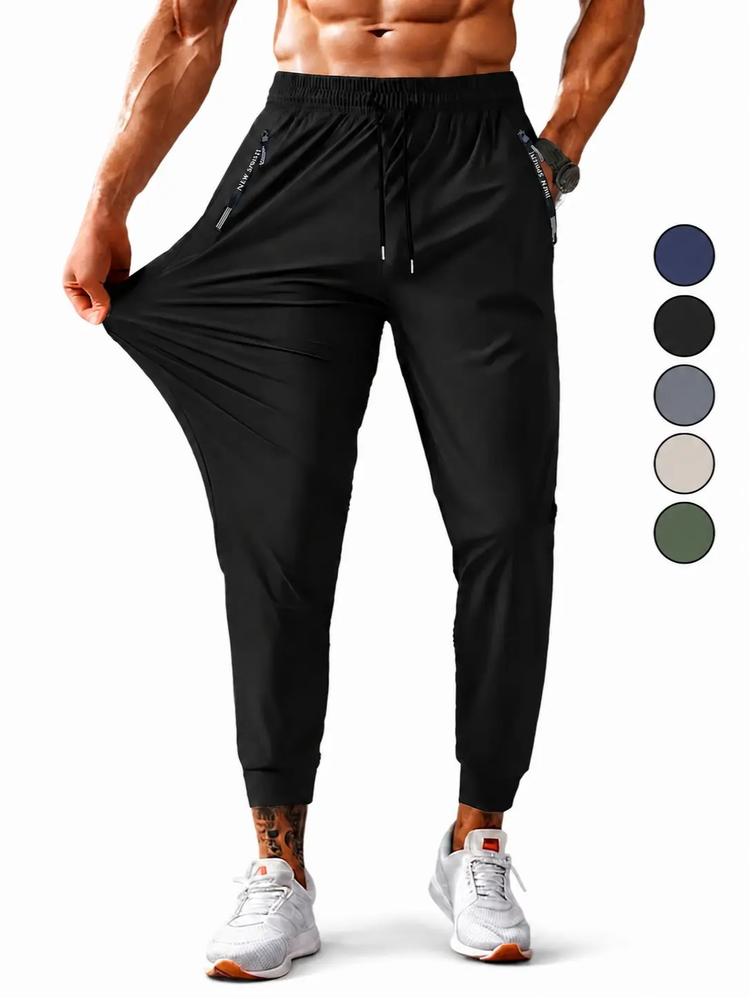 Men's Ice Silk Cooling Jogger Pants, Lightweight Quick Dry Athletic Pants with Side Zipper Pockets, Stretch Tapered Workout Running Travel Pants for Summer
