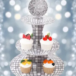 Disco Theme Paper Cake Stand, Silver Color Glitter Disco Style, Multi-Layer Cake Holder, Party Decor, DIY Cake Display, Food Tray