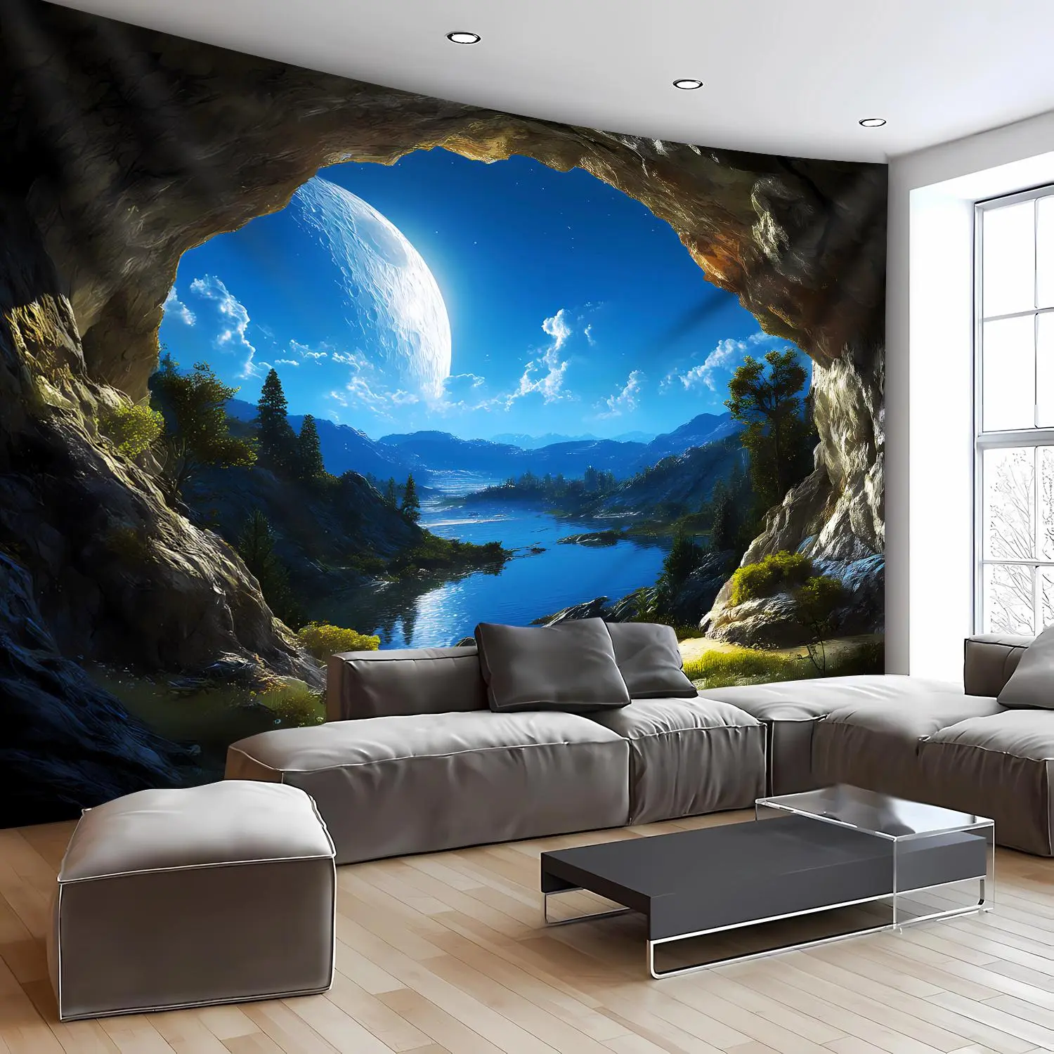 1pc- Ultra Large Size- Tranquil Night Scene Cave Moon Landscape Photo Huge Digital Printing Tapestry, Aesthetic High-Definition Printing Polyester- for Living Room Bedroom Party Decoration- with Free Hanging Clips Wall Decoration Gift
