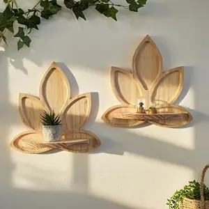 Wooden Lotus Wall Shelf - 1/2 - Bohemian Zen Floating Shelf with Curved Leaf Design - Minimalist Wall-Mounted Storage Rack · Space-Saving Decorative Storage Shelf | Suitable for Living Room, Bedroom, Bathroom, Meditation Space (Easy to Install)