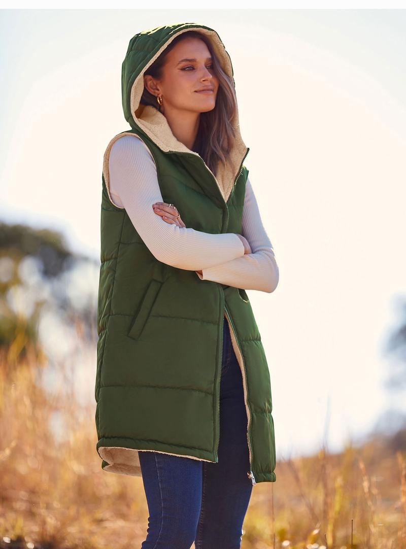 PRETTYGARDEN Women's Army Green Reversible Fleece Vest with Pockets & Hood Zip Up Long Outerwear Coats Machine Washable Minimalist Tops PRETTYGARDEN Women's Army Green Reversible Fleece Vest with Pockets & Hood Zip Up Long Outerwear Coats Machine Washable Minimalist Tops
