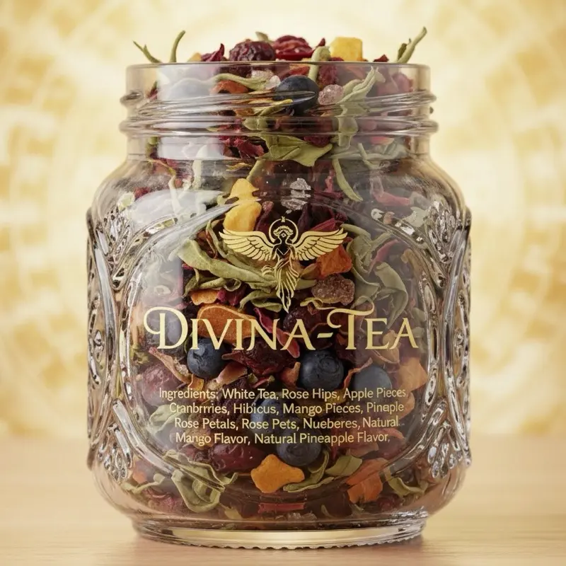 Divina-Tea Herbal Beverage - Organic White Tea Rose Hips Apple Pieces Cranberries Hibiscus Mango Pineapple Rose Petals Blueberries Calming Soothe Drink