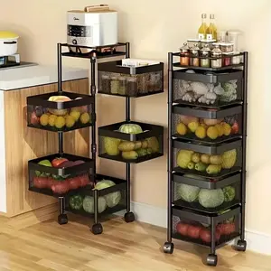 Rotating Kitchen Storage Shelf 5 Tier, Metal Fruit Vegetable Storage Basket Multi-Layer Vegetable Rack Storage Trolley on Wheels, Floor-Standing Basket for Kitchen Bathroom, Square