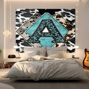 Stylish Letter 'A' Floral Design Tapestry, Flower Pattern Tapestry, Modern Wall Hanging Tapestry Featuring Ornate Digital Print with Teal-Blue Patterns, Rustic Cowhide-Inspired Background, Perfect for Home Decor, Wall Art for Any Space!