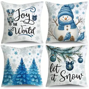 4pcs, Festive Christmas Throw Pillow Covers, Snowman, Pine Tree & Snowflake Designs with "Joy to the World" & "Let It Snow" Text,  Holiday Decor for Bed, Sofa, Christmas Pillow Cover, Single Sided Printing, No Pillow Core, Home Decorative Cushion Cover