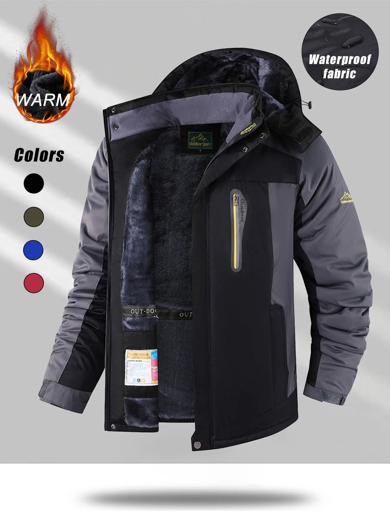 Men's Outdoor Fleece Lined Jacket, Thermal Lined Jacket, Windproof Waterproof Warm Oversized Coat, Detachable Hood, Multiple Colors Available