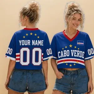 Custom Cape Verde Inspired All-Over Print Football Jersey Croptop Mesh, Personalized Cabo Verde Futbol Casual Jersey with Name Number, V-neckline Short Sleeve Crop Top