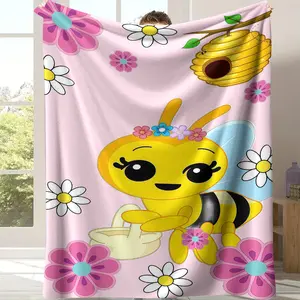 Cute Cartoon Bee Floral Throw Blanket - Pink Background Whimsical Bee Print Blanket,Cozy Soft Blanket with Honeycomb Wildflowers,Perfect for Girls Kids