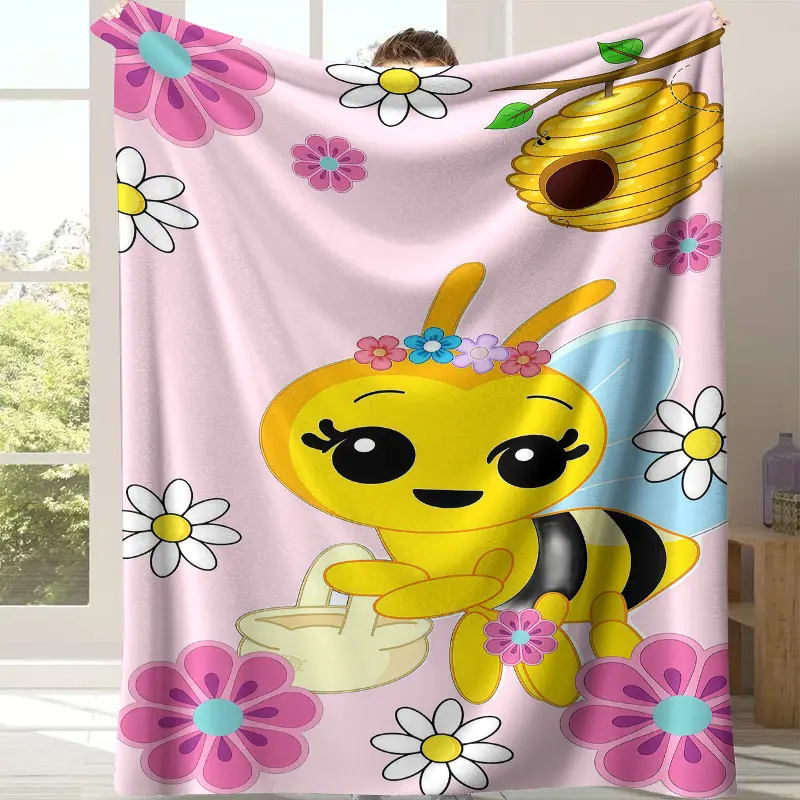 Cute Cartoon Bee Floral Throw Blanket - Pink Background Whimsical Bee Print Blanket,Cozy Soft Blanket with Honeycomb Wildflowers,Perfect for Girls Kids