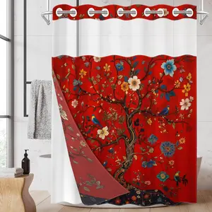 1pc 2D Flat Printing hookless shower curtain hanger liner Red Background with Flowers, Birds and Tree Fabric waterproof lining with transparent window, double-layer, 71 x 74 inches, modern home decoration, Bathroom decor