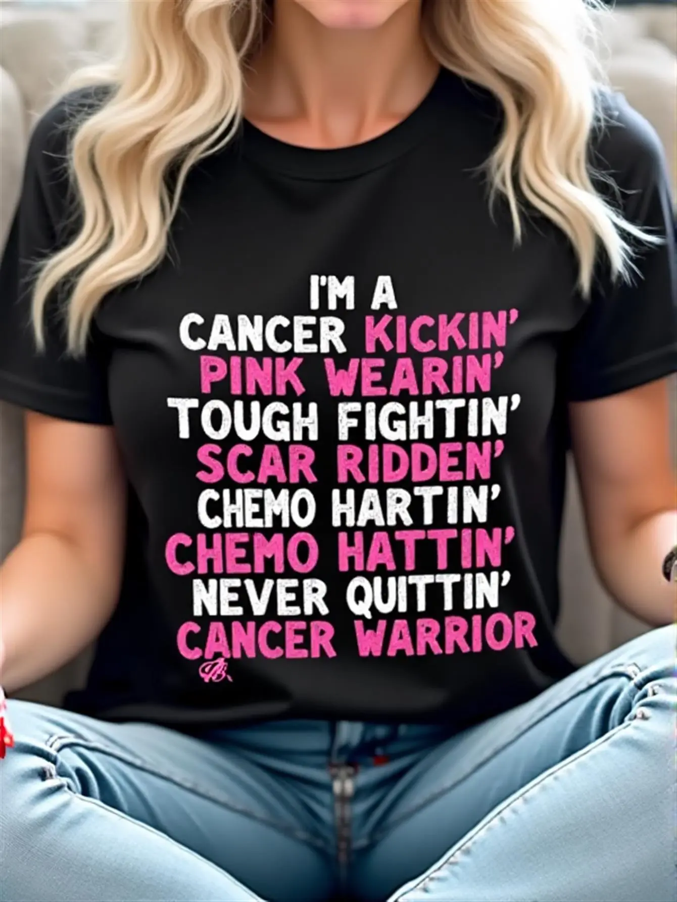 Breast Cancer Awareness Cancer Kickin Chemo Hatin Warrior T-Shirt Graphic Tee for Women, Round Neck Short Sleeve Casual Tops