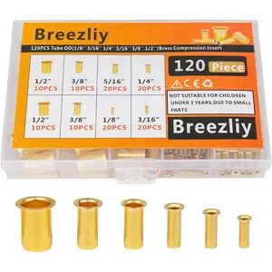 120pcs Tube OD(1/8" 3/16" 1/4" 5/16'' 3/8" 1/2") Brass Compression Insert Tube Support Compression Sleeve Fitting