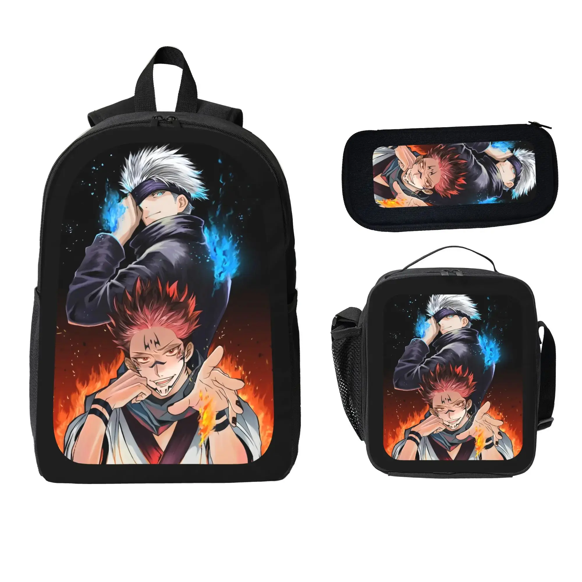 Jujutsu Kaisen Gojo Satoru Anime Backpack Set, 3-Piece Polyester School Daypack for Teens, Lightweight Multi-Compartment Bag with Lunch Bag & Pencil Case, School Backpacks Custom Bag