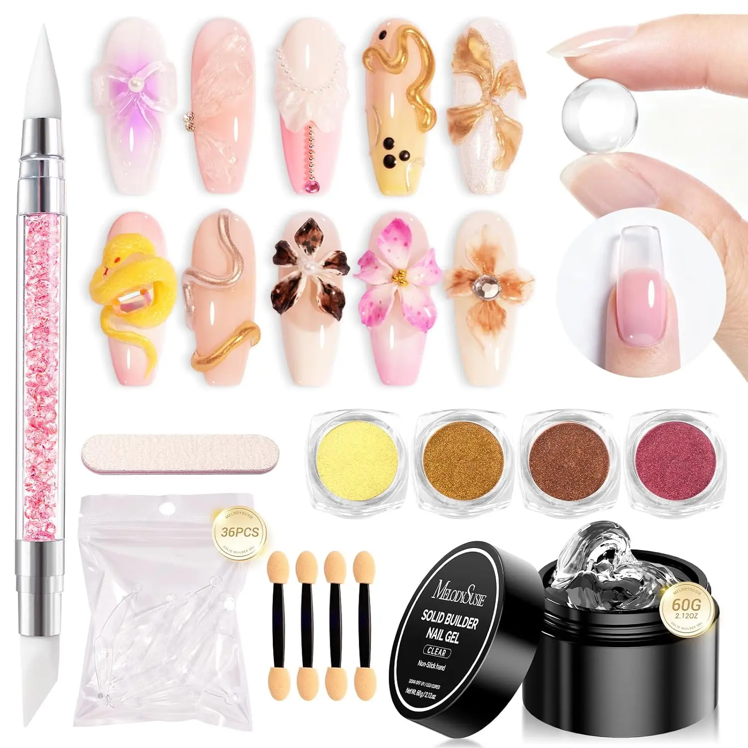 MelodySusie 60g Solid Builder Nail Gel with Sequins Chrome Powder Kit | Sculpting Gels Non-sticky, Extension, Shaping, Molding, Strengthen, Sculpture, Salon Home Professional Use