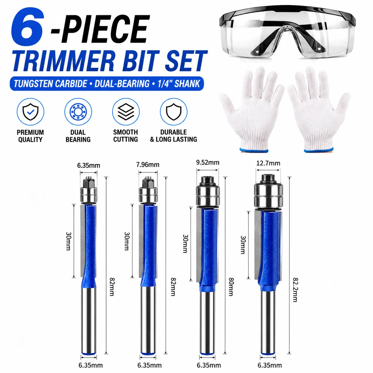 6-Piece Tungsten Carbide Trimmer Bit Set – 1/4" Shank Dual-Bearing Router Bits for Laminate, Melamine, Veneer, Acrylic, Up/Down Cut, Including Gloves & Safety Goggles