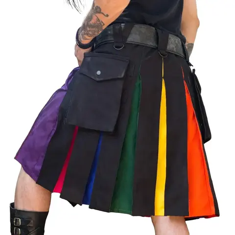 Men's Deluxe Hybrid Black/Rainbow Utility Cargo Kilt - Cotton Fabric, 2 Side Pockets, Leather Belt, Customized Dress Straps, Loose Baggy Fit, 30-60" Fit Range, Hands Free Menswear Traditional Short Clothing