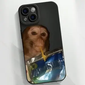 for iPhone12 13 14 15 16Pro Max Monkey Drinking Water Phone Case Silicone TPU (Black, IP 15)