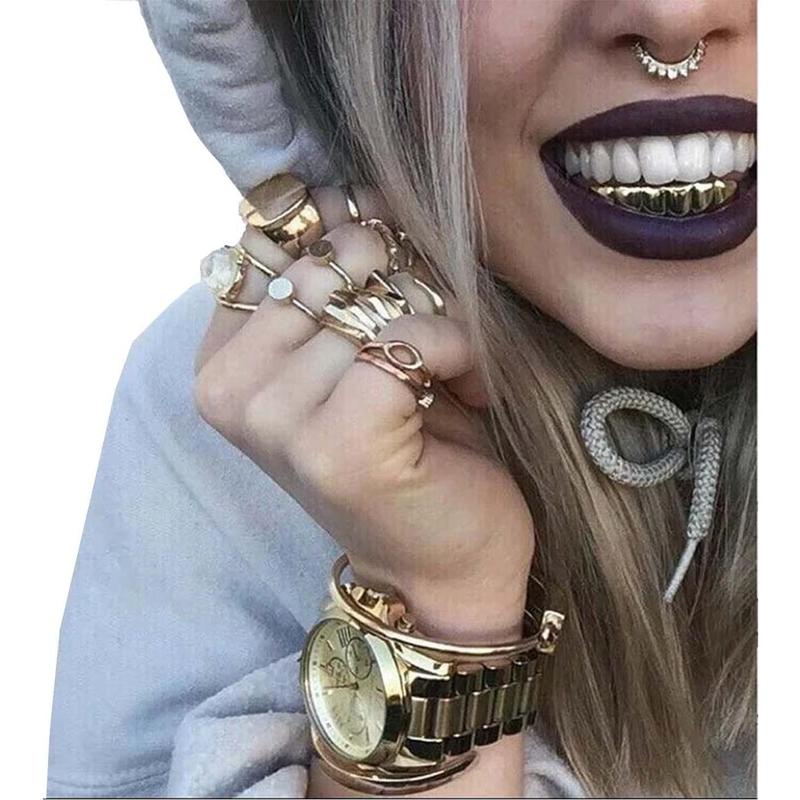 24K Gold Plated Hip Hop Teeth Grillz Punk Custom Fit Teeth Grillz Caps Top & Bottom Grill Set Removable Hip Hop Mouth Grills For Women Men Gift Halloween Party Photo Fancy Dress Accessories*ms