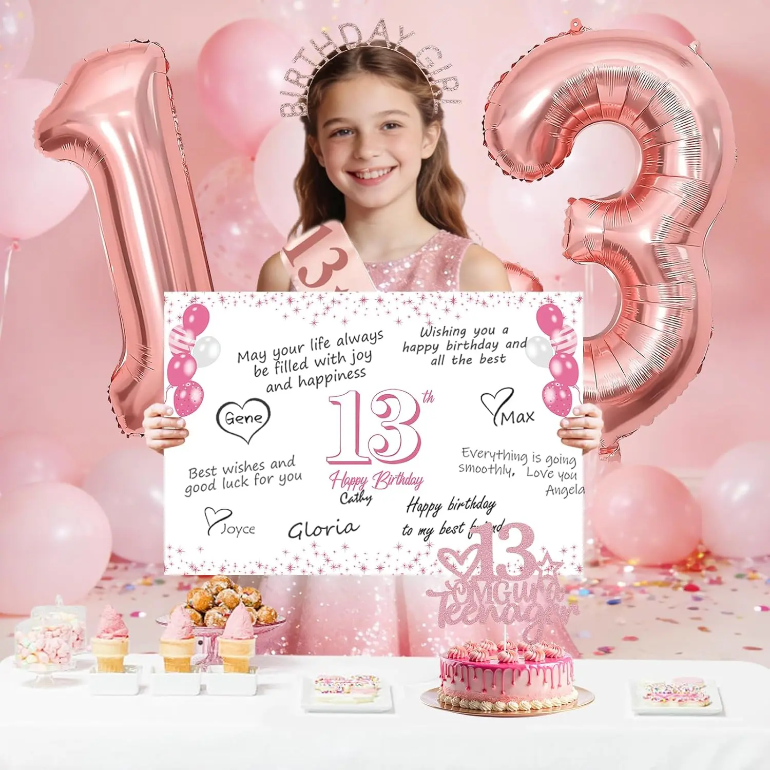 13th Birthday Decoration Pack - Rose Gold, Navy, Silver, Grey, Blue Satin Props Set with Background, Photo Banner, Flag, Number 13 Foil Balloon, Colorful Balloons, 2013 Poster | Indoor-Outdoor Youth Party Supplies Gift, Rhinestones, Balloon Decor